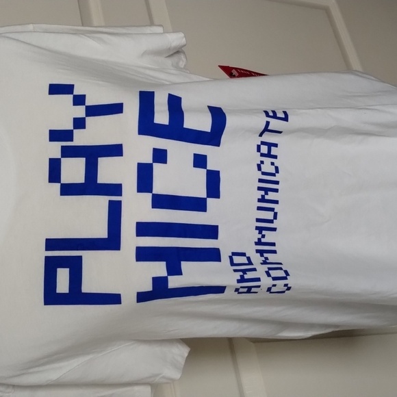 True Religion 'play nice and communicate' white blue letter graphic tee large - Picture 2 of 10